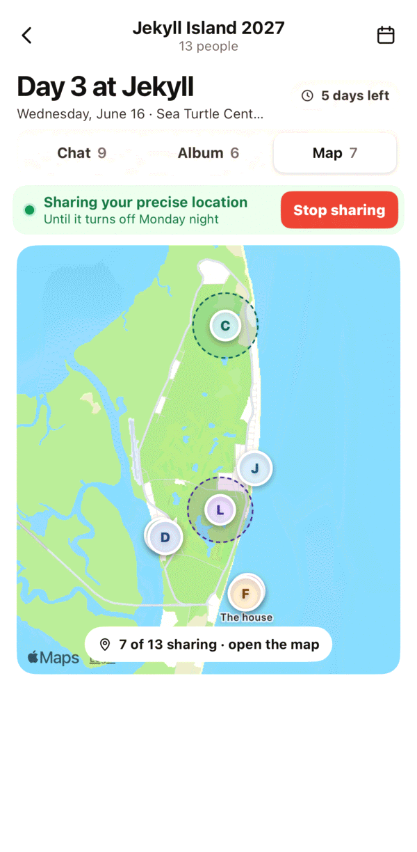 The event map with family sharing their location.
