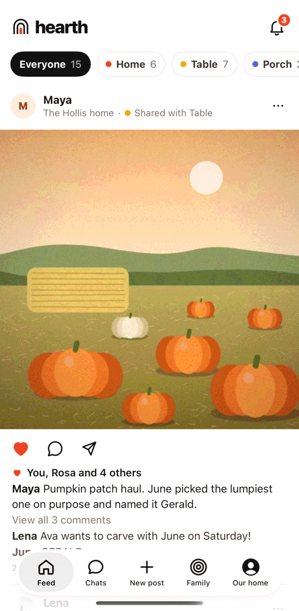The hearth feed: a square photo of pumpkins from Maya, shared with Table, with hearts and comments.