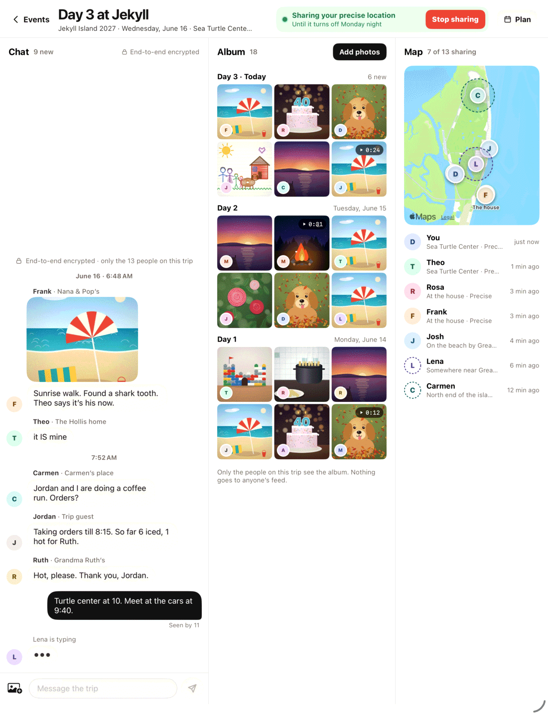 hearth on iPad: an event with its chat, album and map side by side.