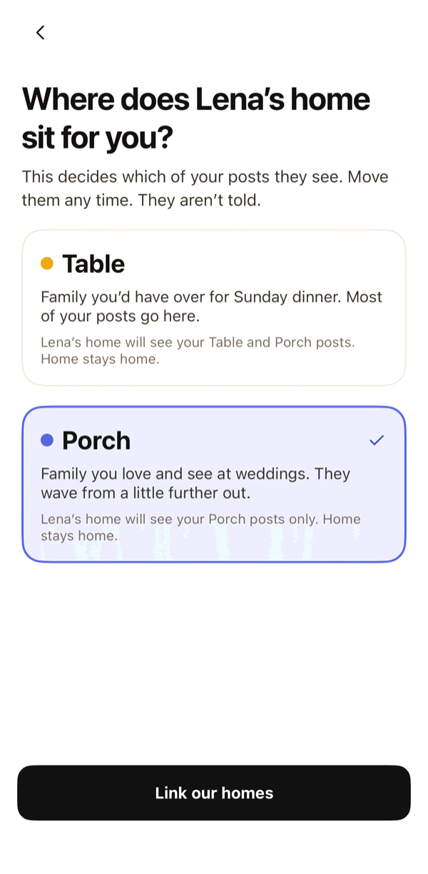 Accepting an invite: “Where does Lena’s home sit for you?” with Table and Porch to choose from.