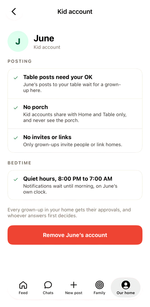 June’s kid account: table posts need your OK, no porch, quiet hours.