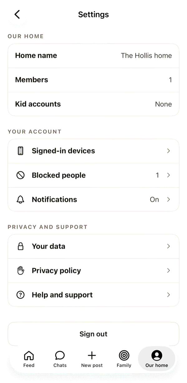 Settings: home name, members, kid accounts, signed-in devices, blocked people, notifications, your data and sign out.