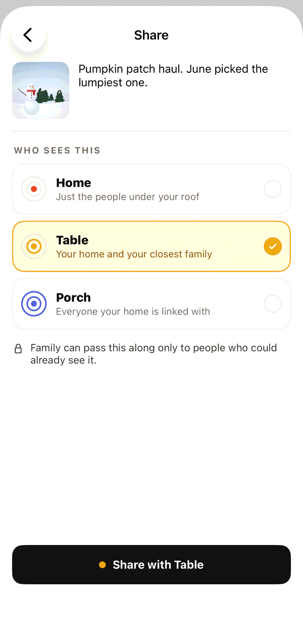 Choosing who sees a post: Home, Table or Porch, with Share with Table.