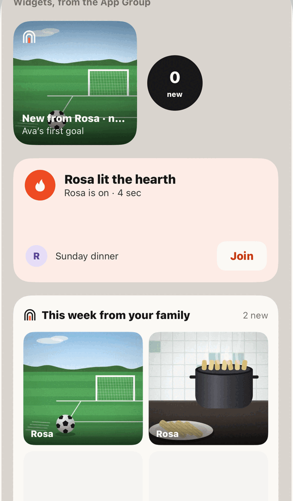 hearth widgets: a new photo from Rosa, Rosa lit the hearth with a Join button, and This week from your family.